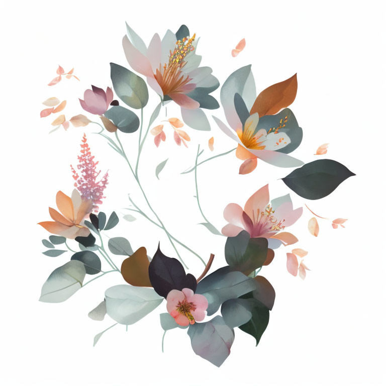 Circular Pastel Flowers and Leaves Digital Illustration