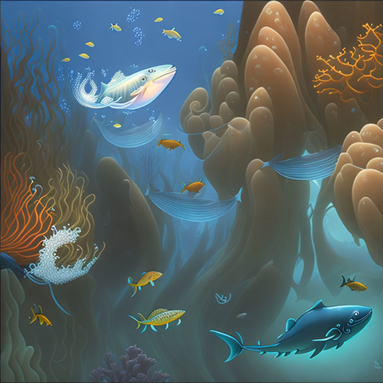 Vibrant Underwater Scene with Fish, Coral, and Jellyfish