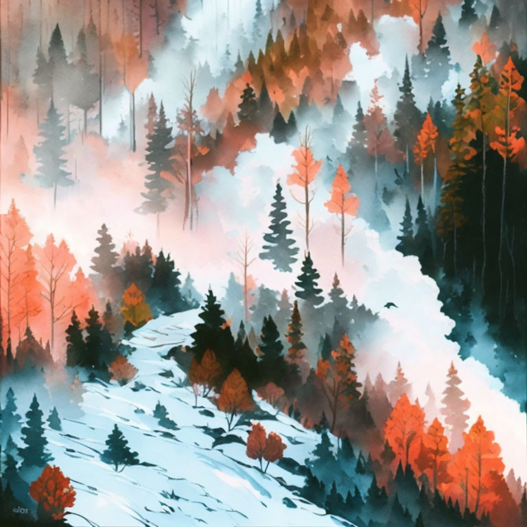 Vibrant autumn forest painting with misty background