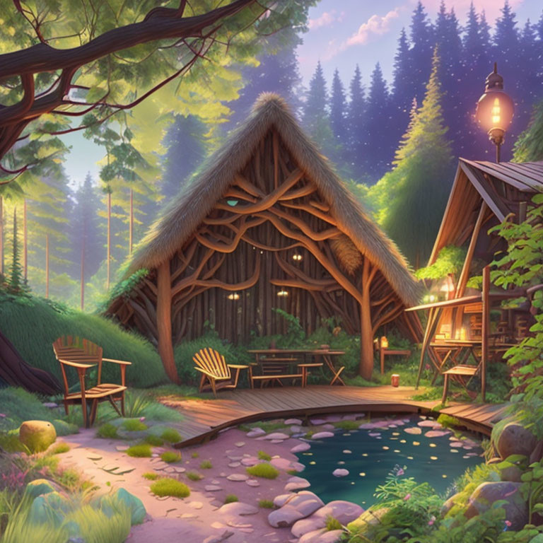 Rustic forest cabin with thatched roof, pond, chairs, lanterns at twilight