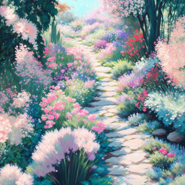 Colorful Blooming Flowers and Lush Garden Path Painting