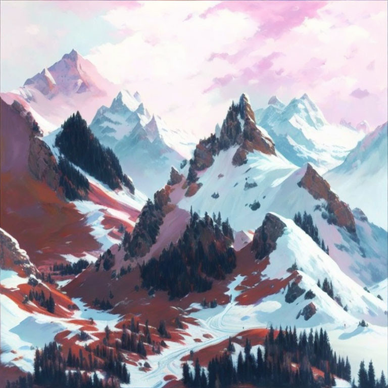 Snow-capped mountains with red-hued slopes under a pastel pink sky