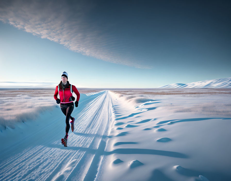 Person jogging on snowy path with open sky and distant mountains in wintry landscape