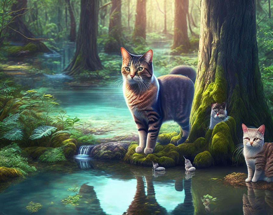 Three Cats in Vibrant Forest Setting with Serene Stream