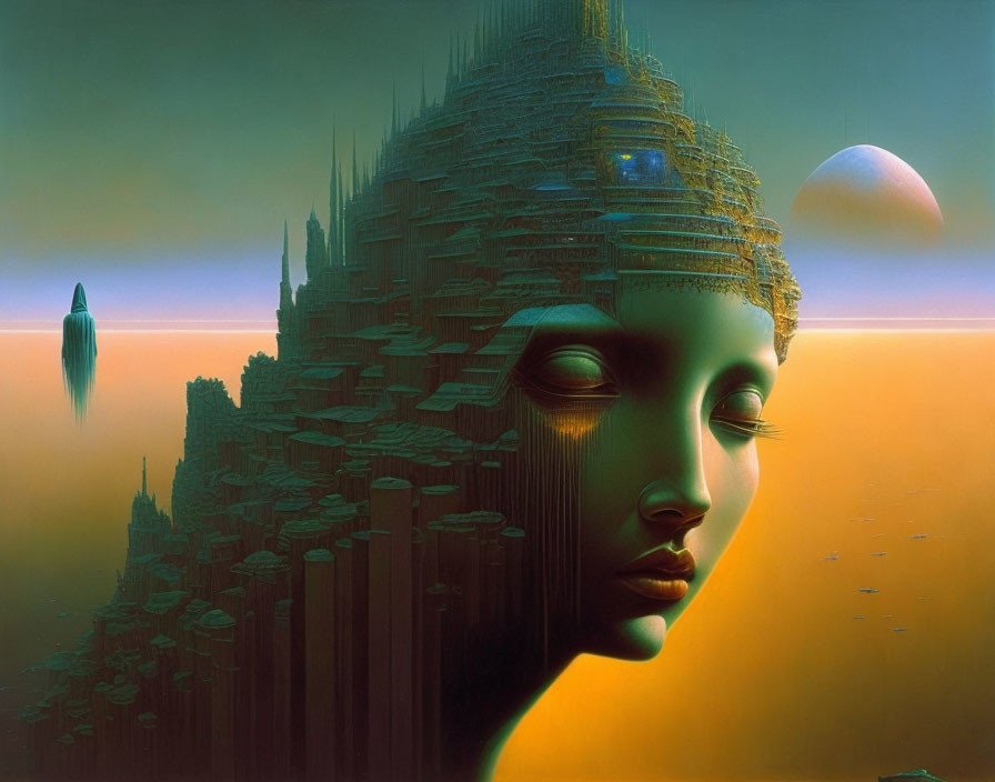 Surreal artwork: Female entity with cityscape hair, futuristic structures, distant planet