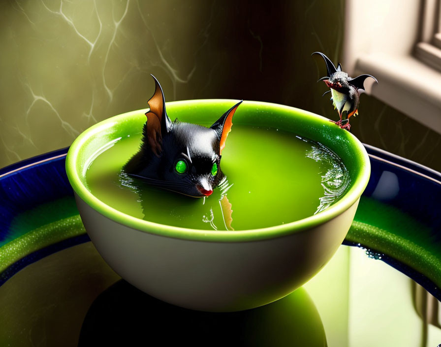 Whimsical image of bat with green eyes in bowl with bird