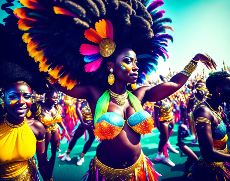 Colorful Feathered Carnival Dancers Celebrating in Bright Sunlight