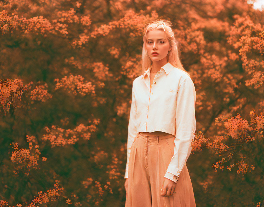 Woman in Beige Attire Surrounded by Orange Foliage