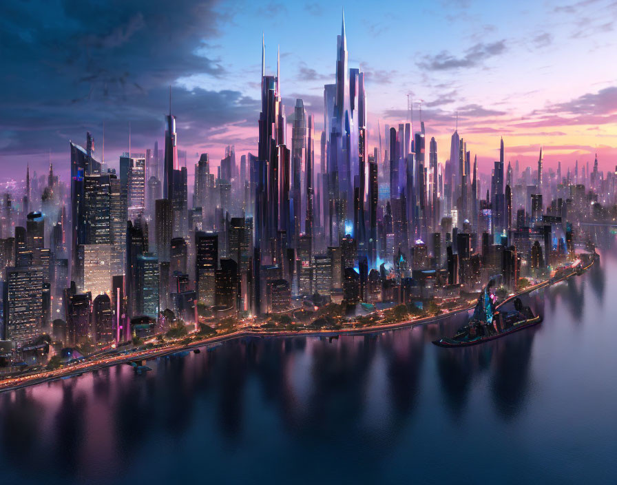 Twilight futuristic city skyline with illuminated skyscrapers and colorful sky.