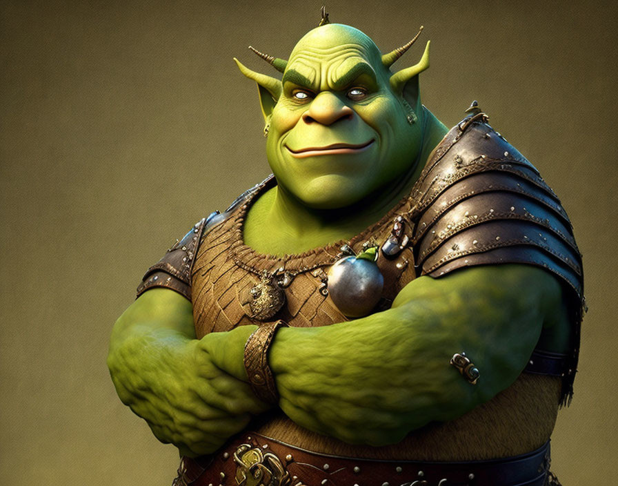 Muscular green ogre in brown vest and armor on gradient background