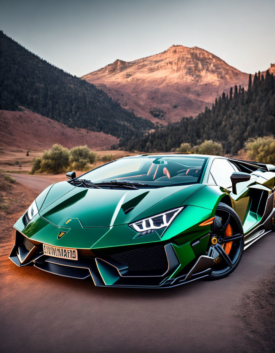 Green Lamborghini Aventador parked on road with lush mountains at dusk