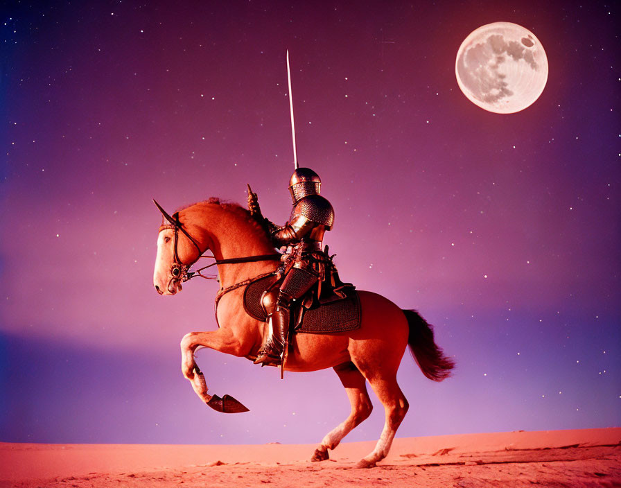 Medieval knight on horseback under full moon in desert landscape