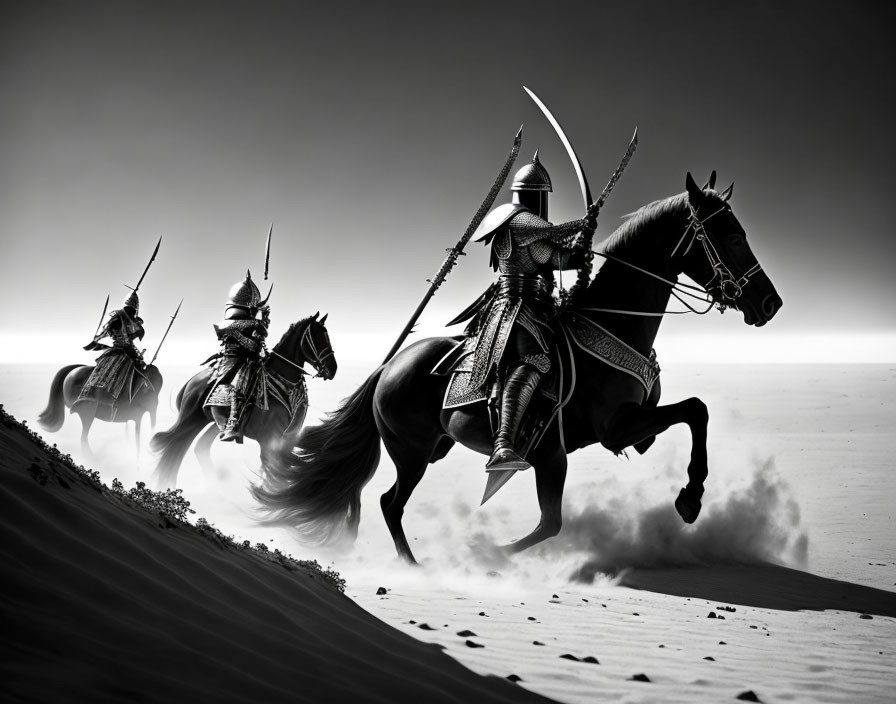 Three armored knights on horseback riding in a sandy landscape.