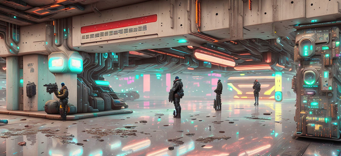 Advanced Tech and Space Suits in Futuristic Corridor with Neon Lights