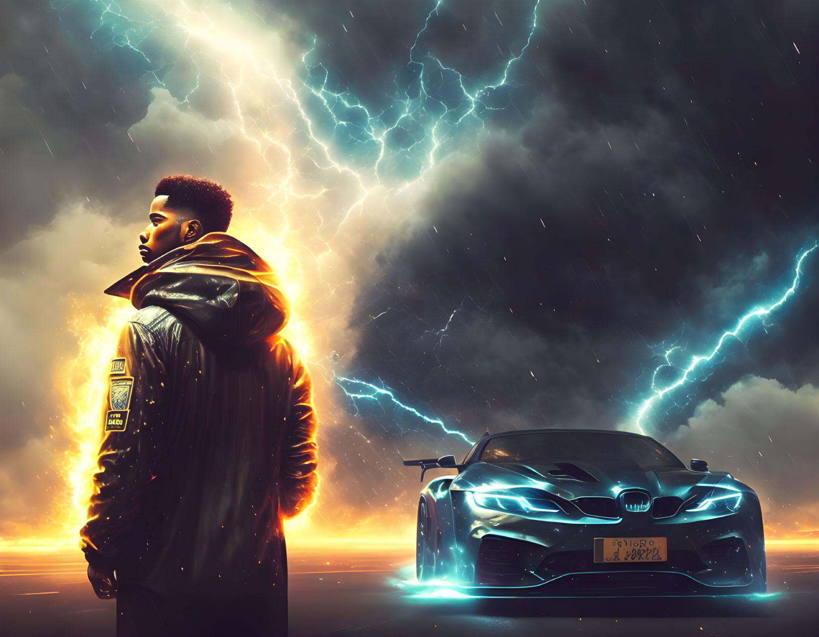 Man in jacket poses next to glowing BMW under dramatic sky with lightning bolts