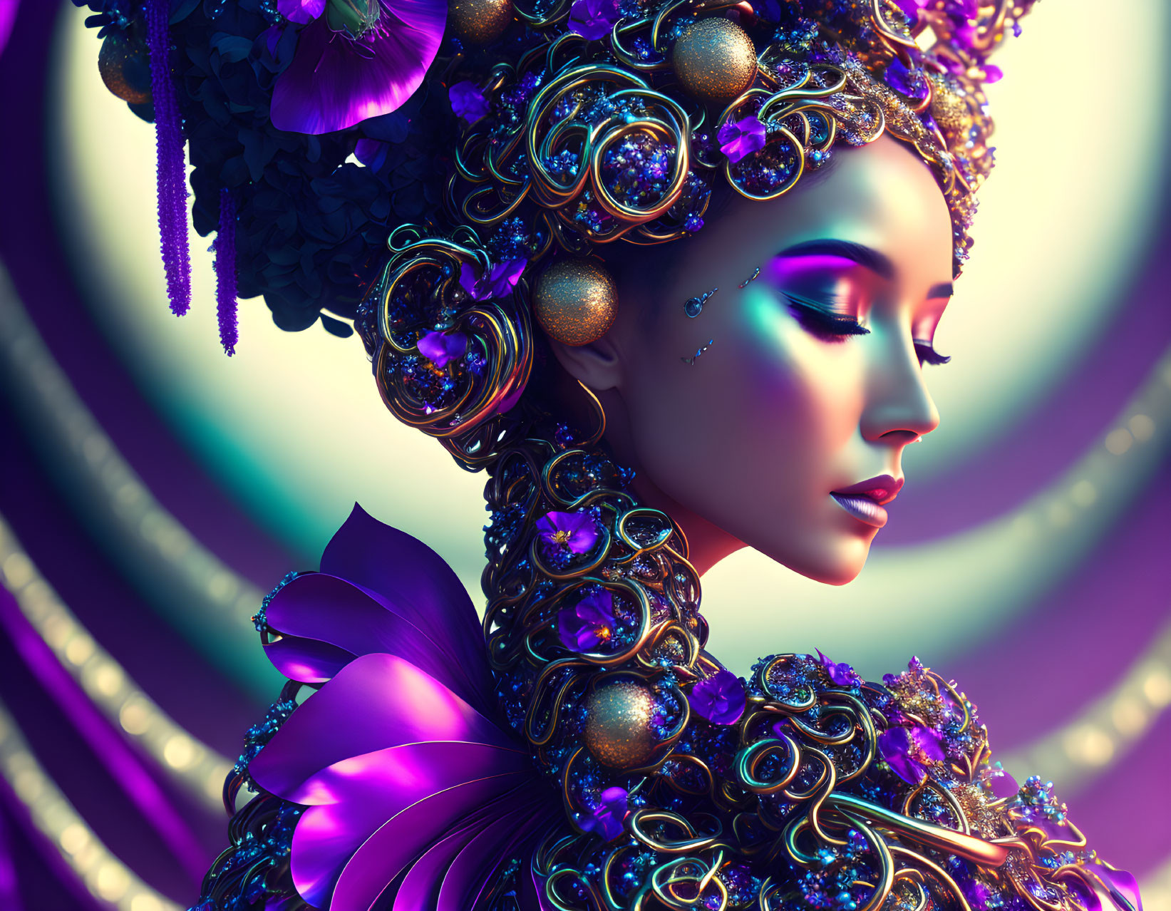Profile view of woman in ornate headdress & garment with golden embellishments and purple floral accents on