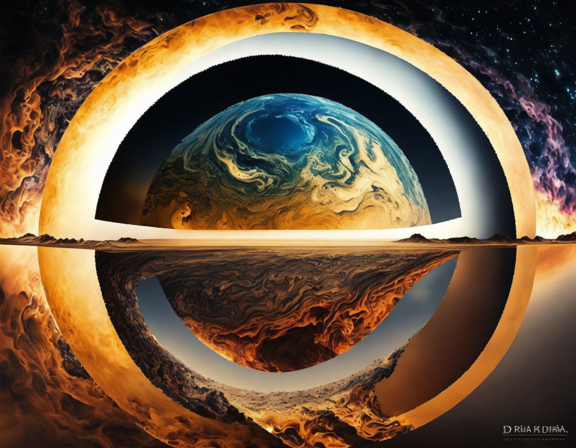 Surreal digital artwork of Earth with ring structure in cosmic setting