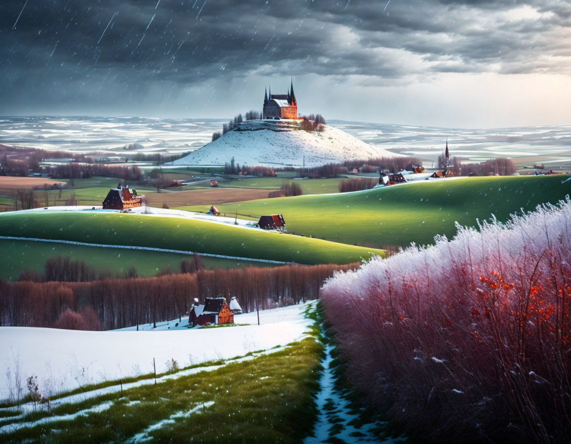 Snow-covered hill with castle overlooking green fields and houses under dramatic sky