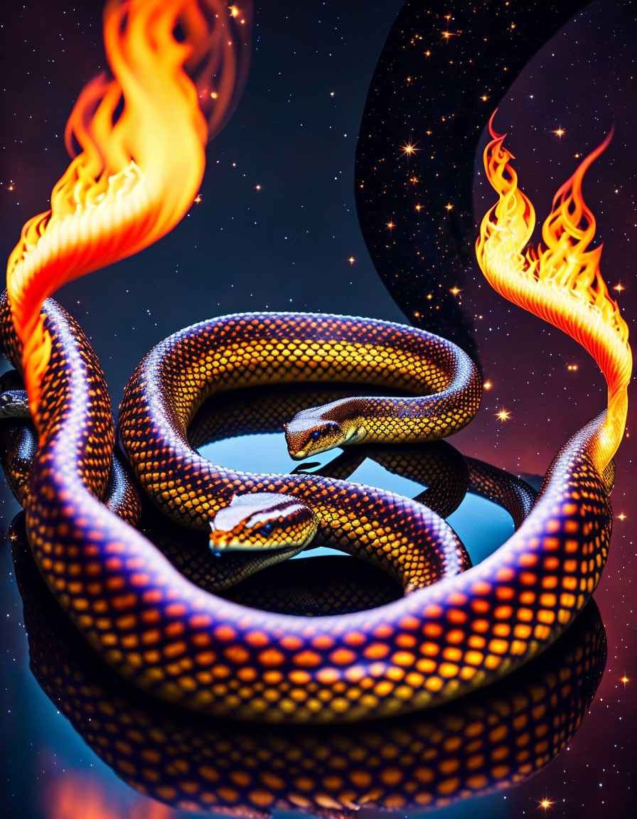 Iridescent snake coiled between flaming structures in cosmic scene