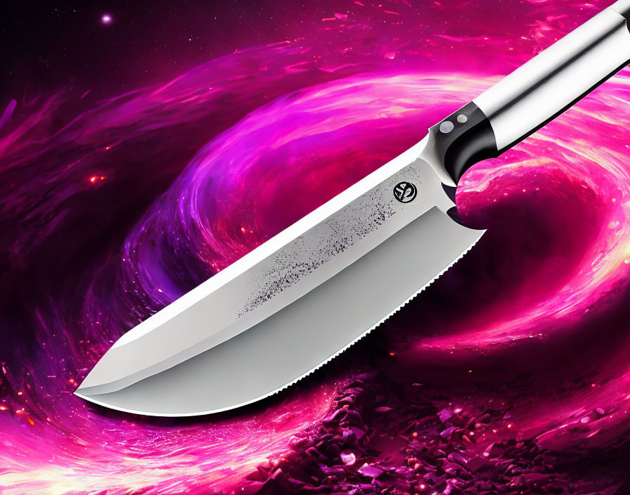 Serrated Santoku blade on cosmic backdrop