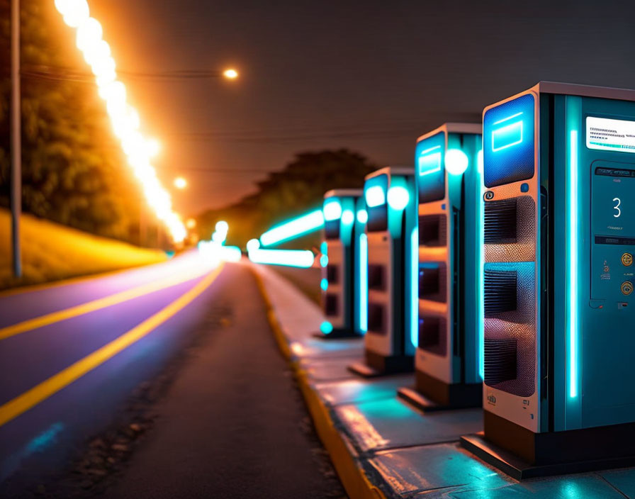 Blue-lit EV charging stations on a night street with car light trails