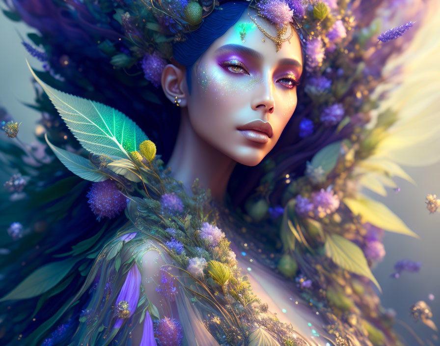 Blue-skinned female figure with vibrant floral adornments emitting a nature-inspired aura.