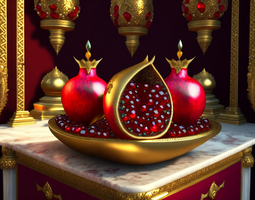 Luxurious Still Life: Golden Pomegranates with Jewels on Decorated Platter