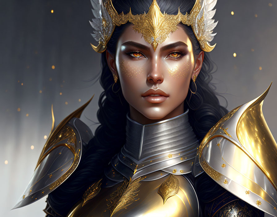 Fantasy female warrior in golden armor and crown with white feathers, stern expression, amidst glimmering