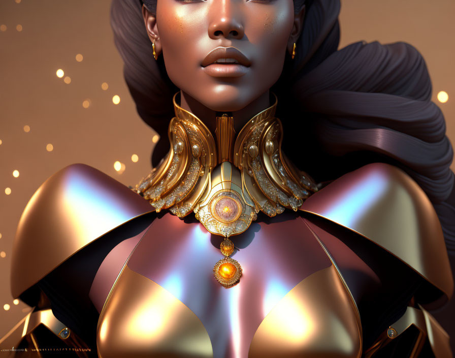 Bronzed woman in gold futuristic armor with glowing orange gems