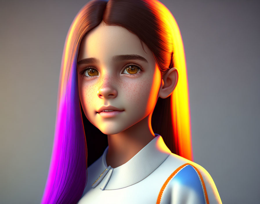 Vibrant multi-colored hair on young girl in 3D rendering