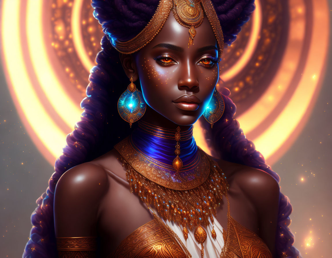 Digital artwork featuring woman with dark skin in gold jewelry against cosmic backdrop