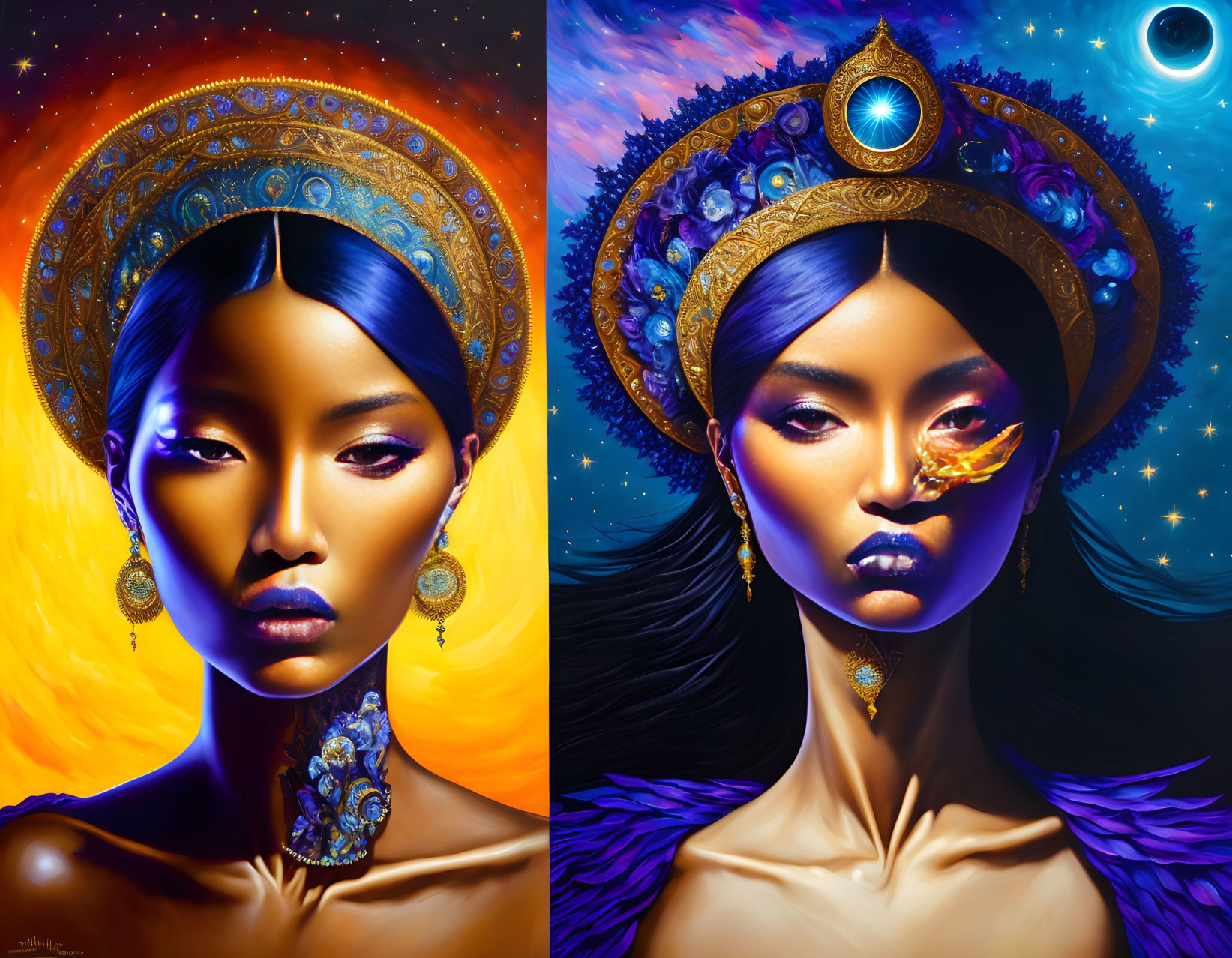 Colorful digital artwork: Woman portraits with cosmic headdresses