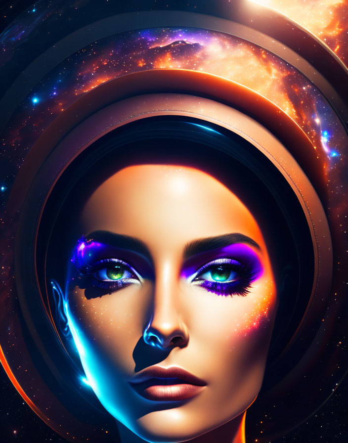 Digital Artwork: Woman's Face with Cosmic Makeup and Celestial Rings on Starry Space Background