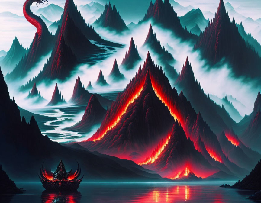 Fantastical landscape with lava, mist, dragon, ship & lake