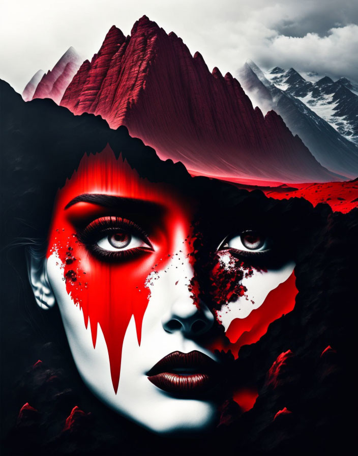 Surreal portrait blending woman's face with red and black tones