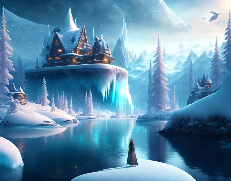 Person admiring snowy castle on icy cliff in winter forest at twilight