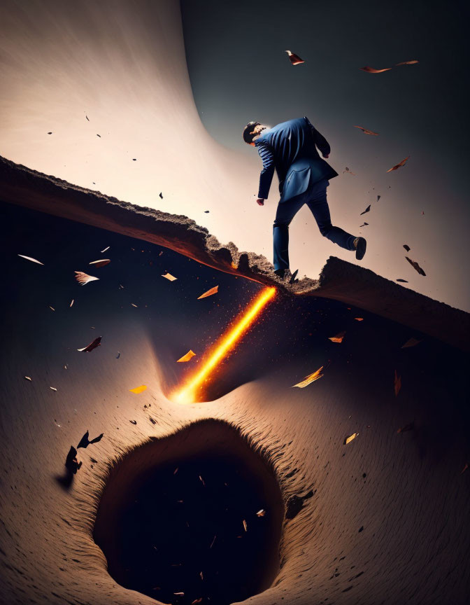 Businessperson jumps over fiery chasm in surreal setting