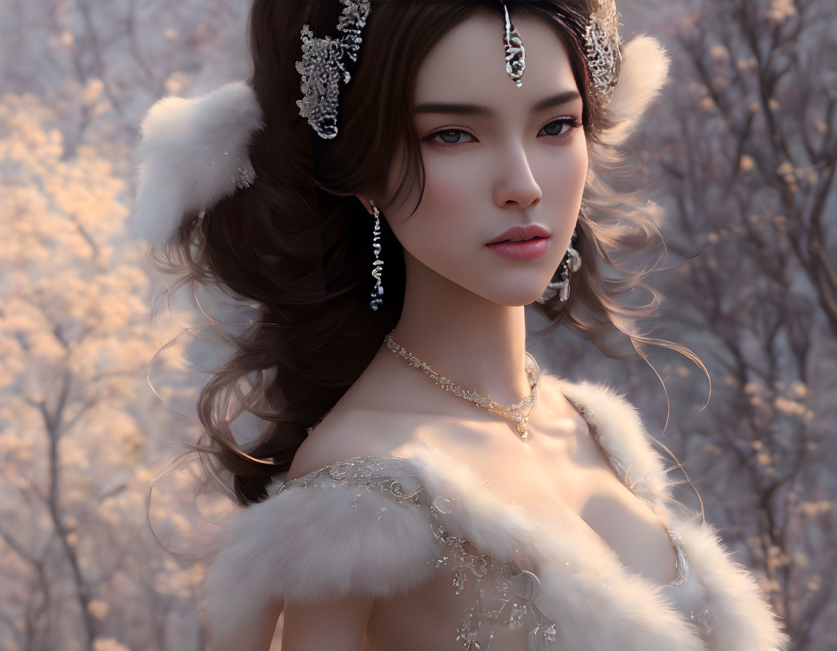 Digital Artwork: Woman with Jewelry and Fur Against Trees