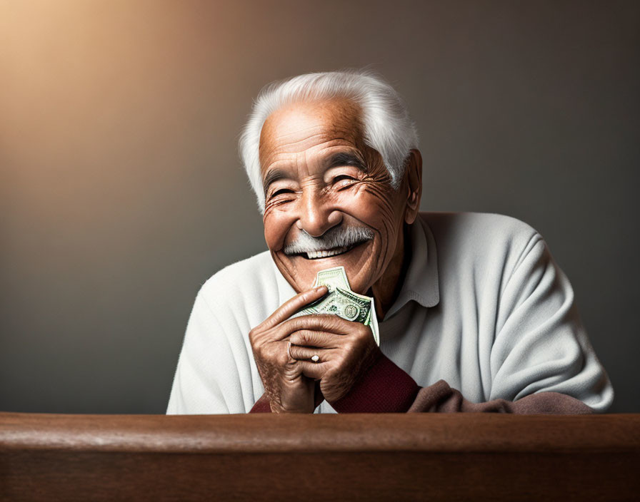 Smiling elderly man with white mustache holding dollar bill on warm backdrop