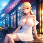 Blonde woman in white dress sitting on bench under street lamp