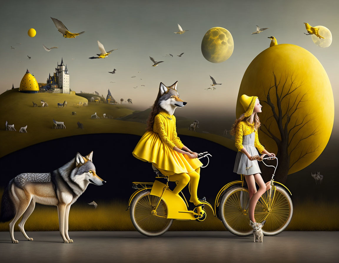 Fantasy artwork of female figure and wolf biking under moonlit sky