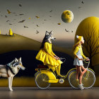 Fantasy artwork of female figure and wolf biking under moonlit sky