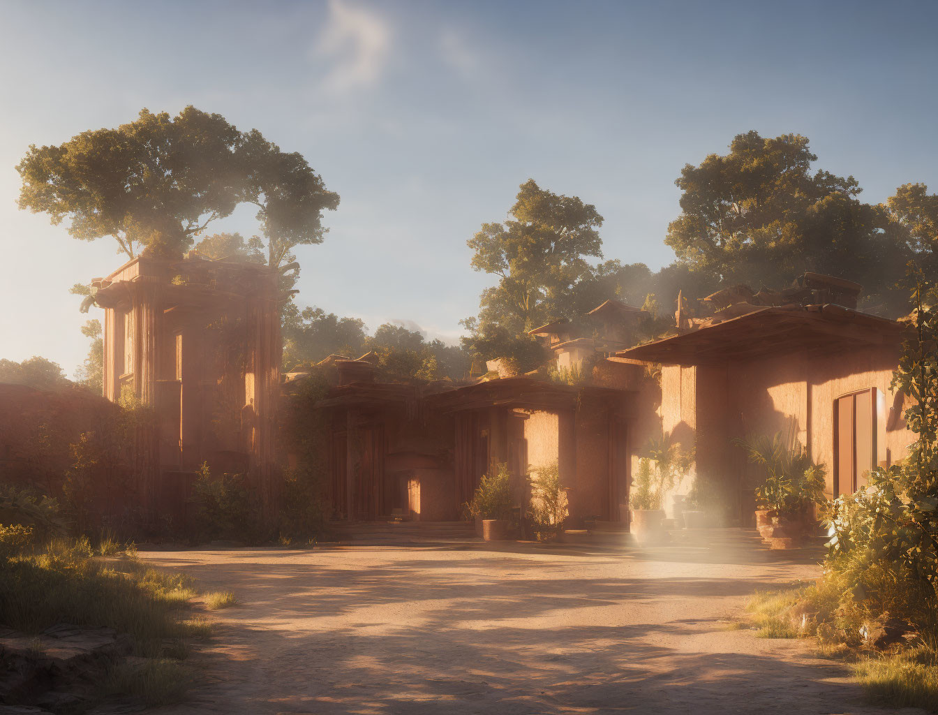 Misty forest sunlight illuminates ancient ruins and overgrown foliage