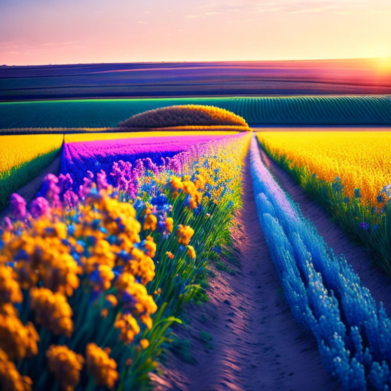 Colorful Flower Field Sunset with Purple, Blue, and Yellow Blooms