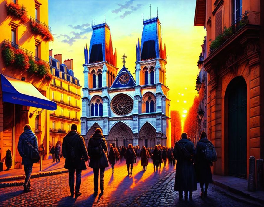 Paris Street Scene at Sunset with Notre-Dame Cathedral and People