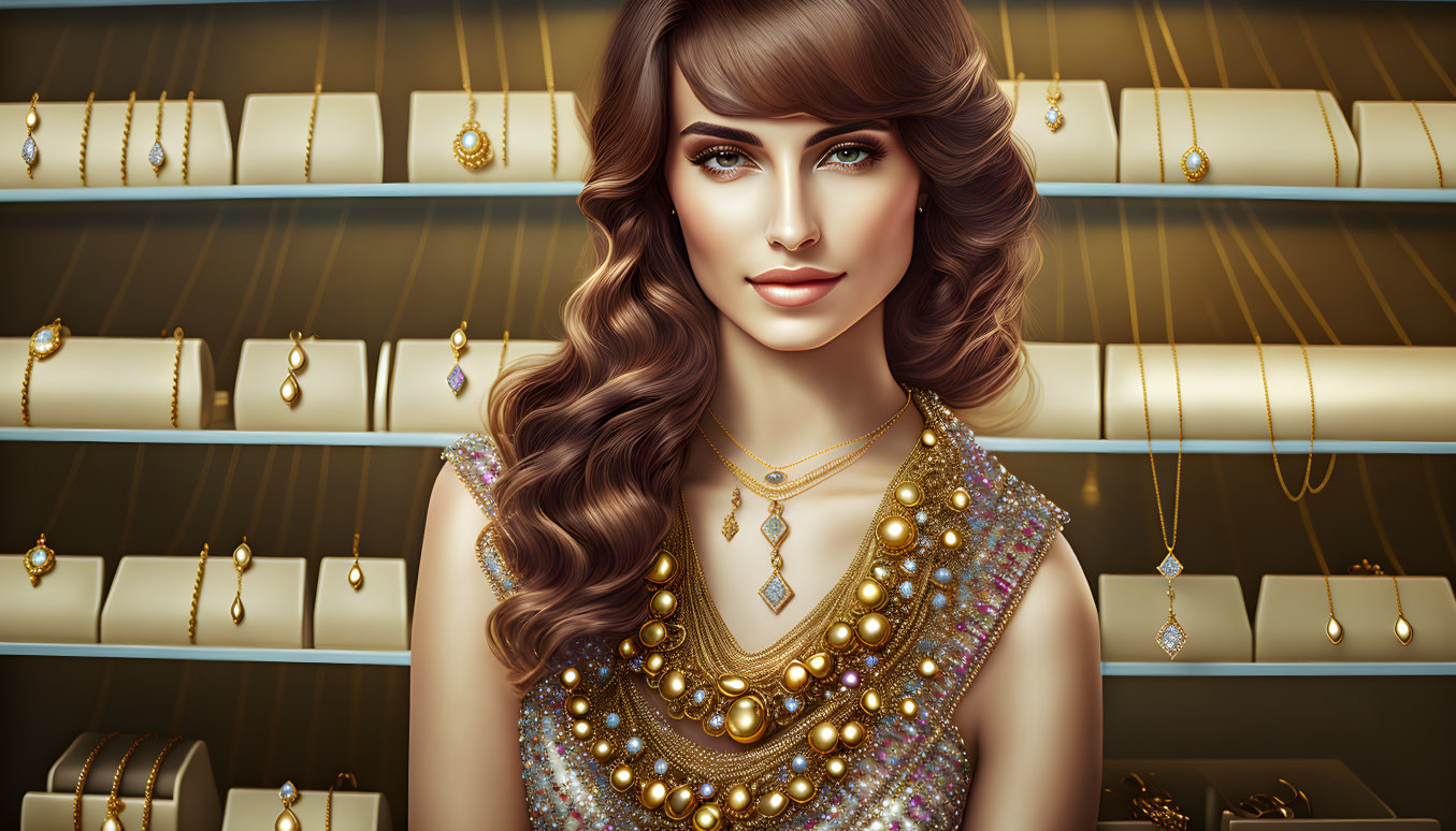 Luxurious gold jewelry adorns illustrated woman in front of opulent accessories display