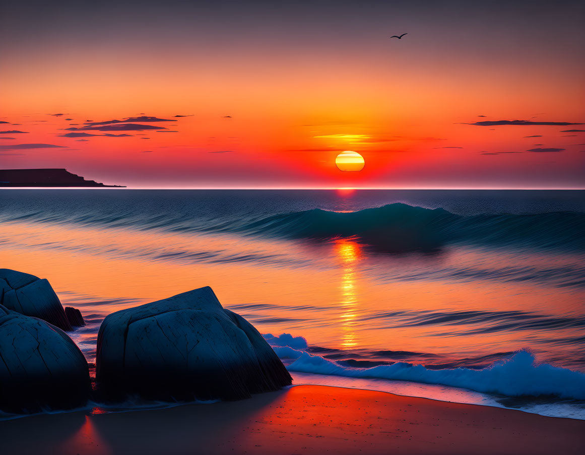 Vibrant orange sky over ocean with boulders, waves, and solitary bird