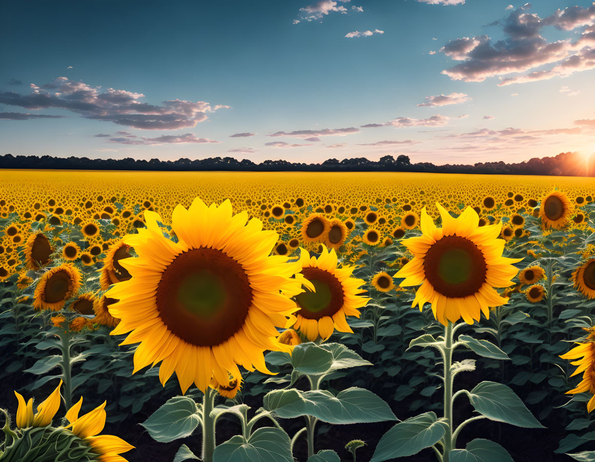 Sunflower field at sunset with sunbeams piercing clouds