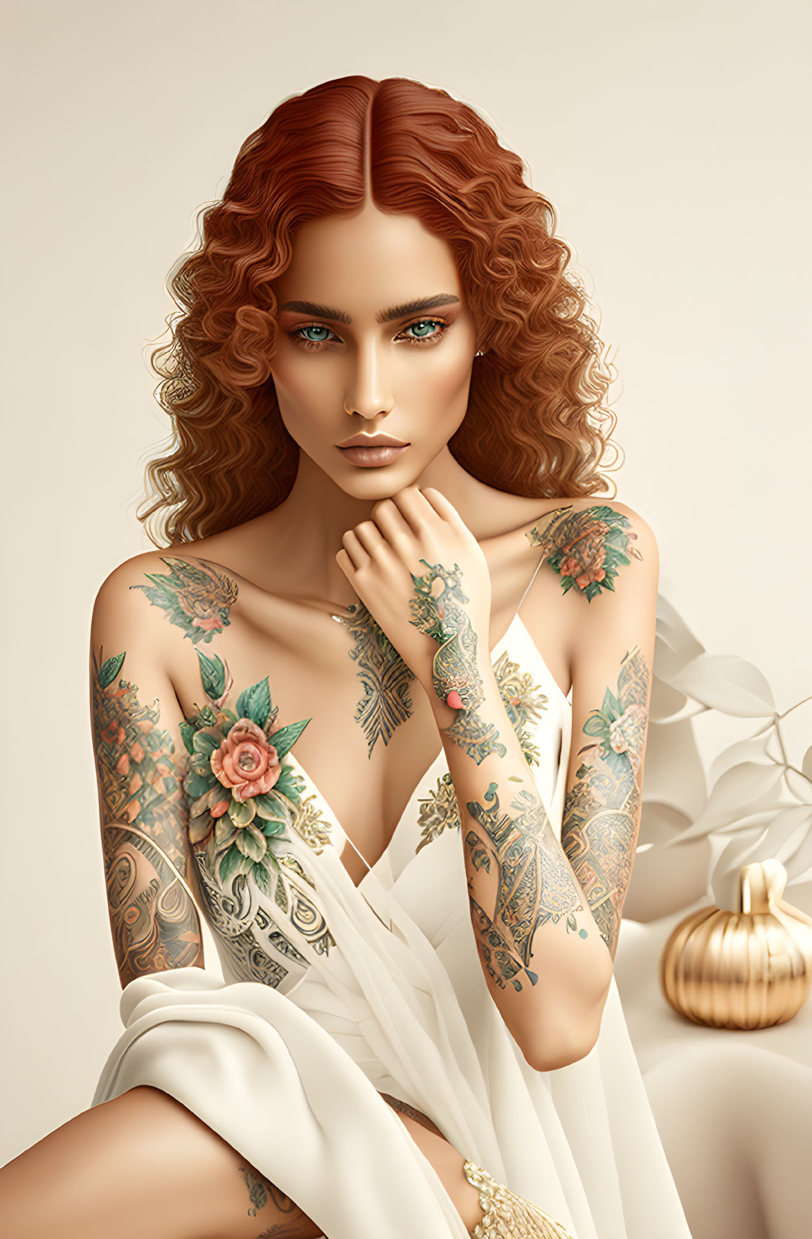 Digital illustration: Woman with auburn hair, green eyes, floral tattoos, white dress