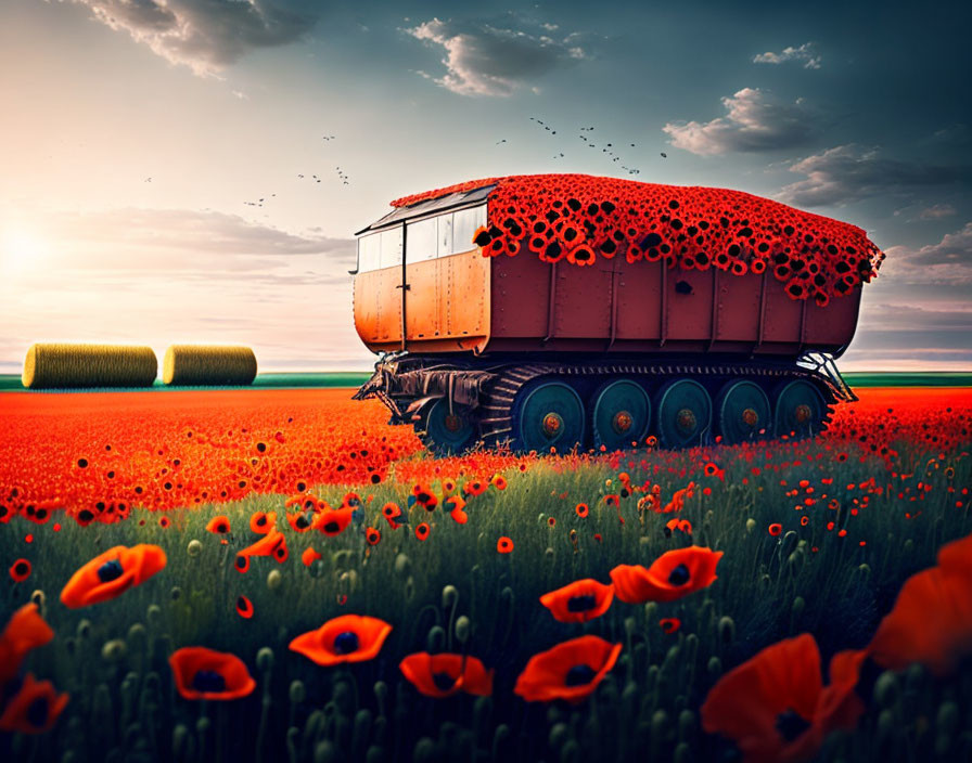 Vintage combine harvester in poppy field with hay bales and colorful sky